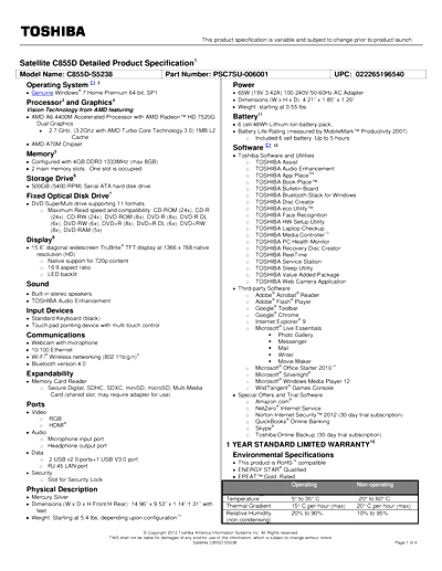 Toshiba C855D-S5238 Thumbnail