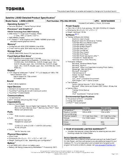 Toshiba L505D-LS5019 Thumbnail