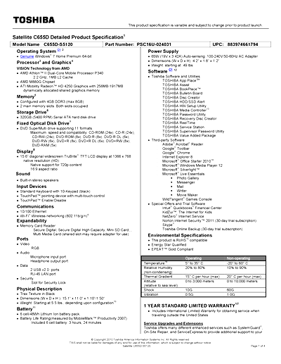 Toshiba C655D-S5120 Thumbnail