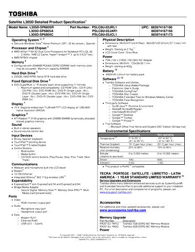 Toshiba L305D-S6805A L305D-S6805C L305D-S6805R Thumbnail
