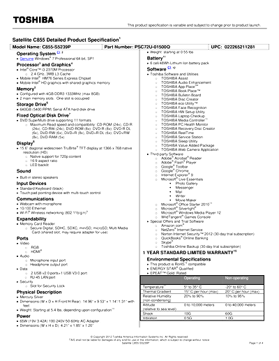 Toshiba C855-S5239P Thumbnail