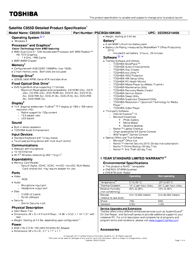 Toshiba C855D-S5359 Thumbnail