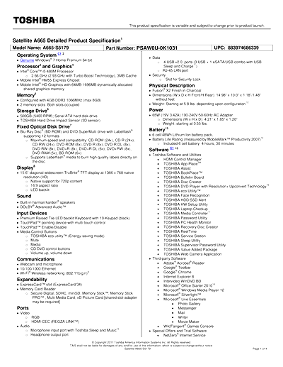 Toshiba A665-S5179 Thumbnail