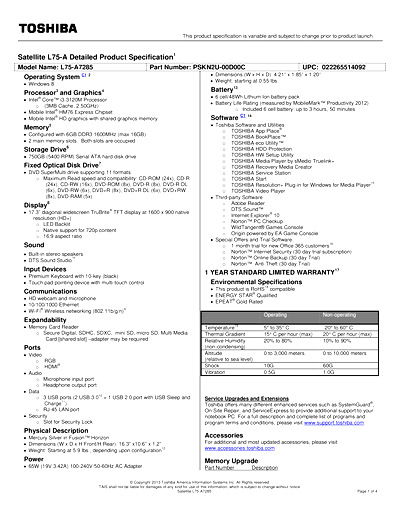 Toshiba L75-A7285 Thumbnail