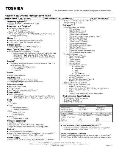 Toshiba C650-ST4N02 Thumbnail